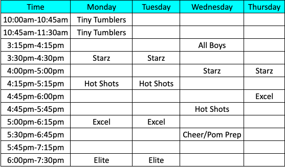 2025 Jamies Tumble House Schedule