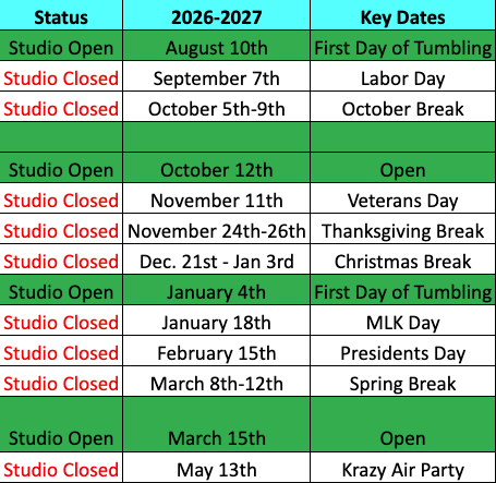 Jamies Tumble Holiday Dates